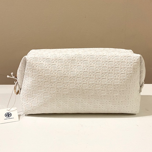 NWT Tory Burch White Basketweave Cosmetic Case Bag Gold Signature Hardware - Picture 14 of 16